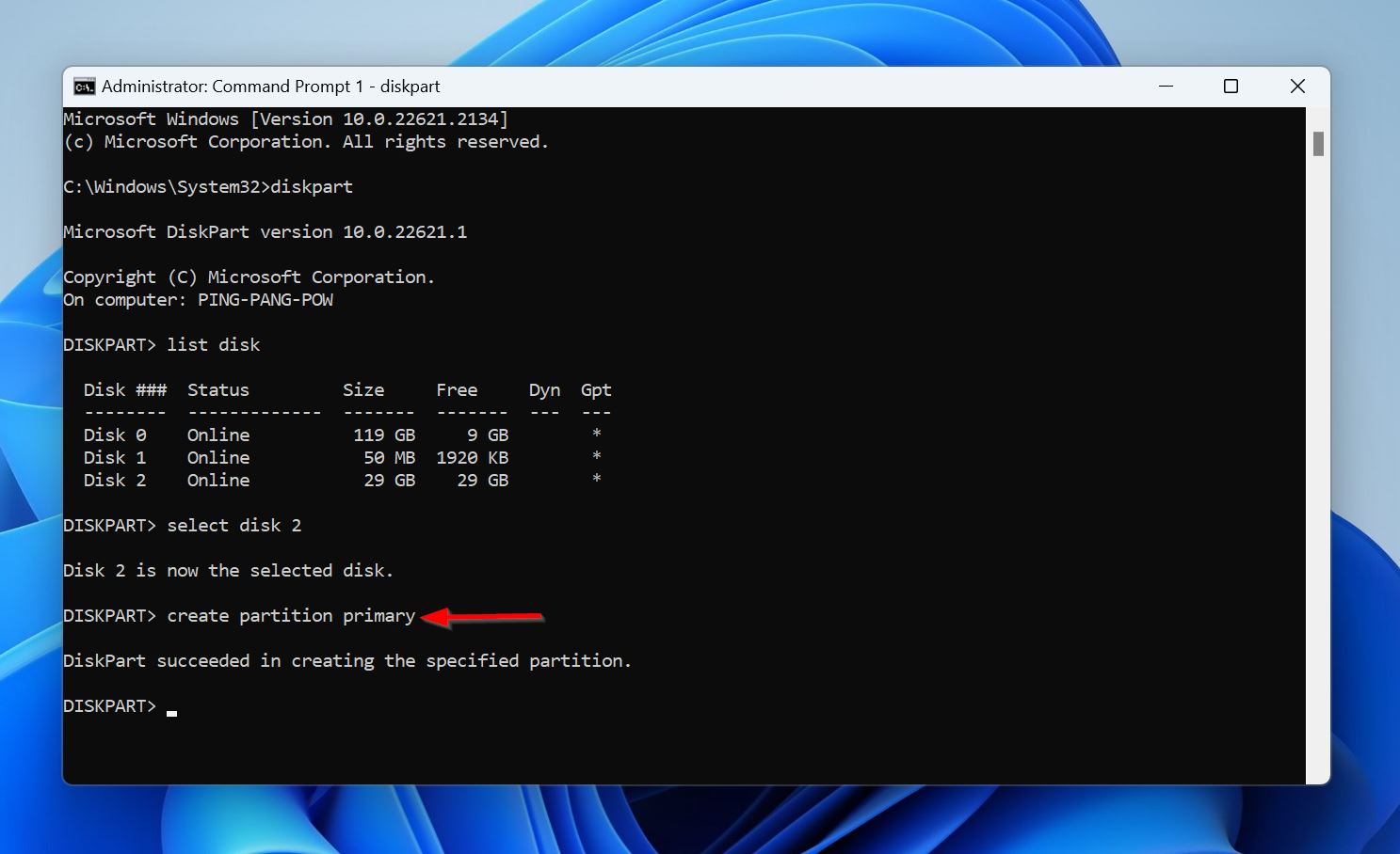 Create partition primary command.