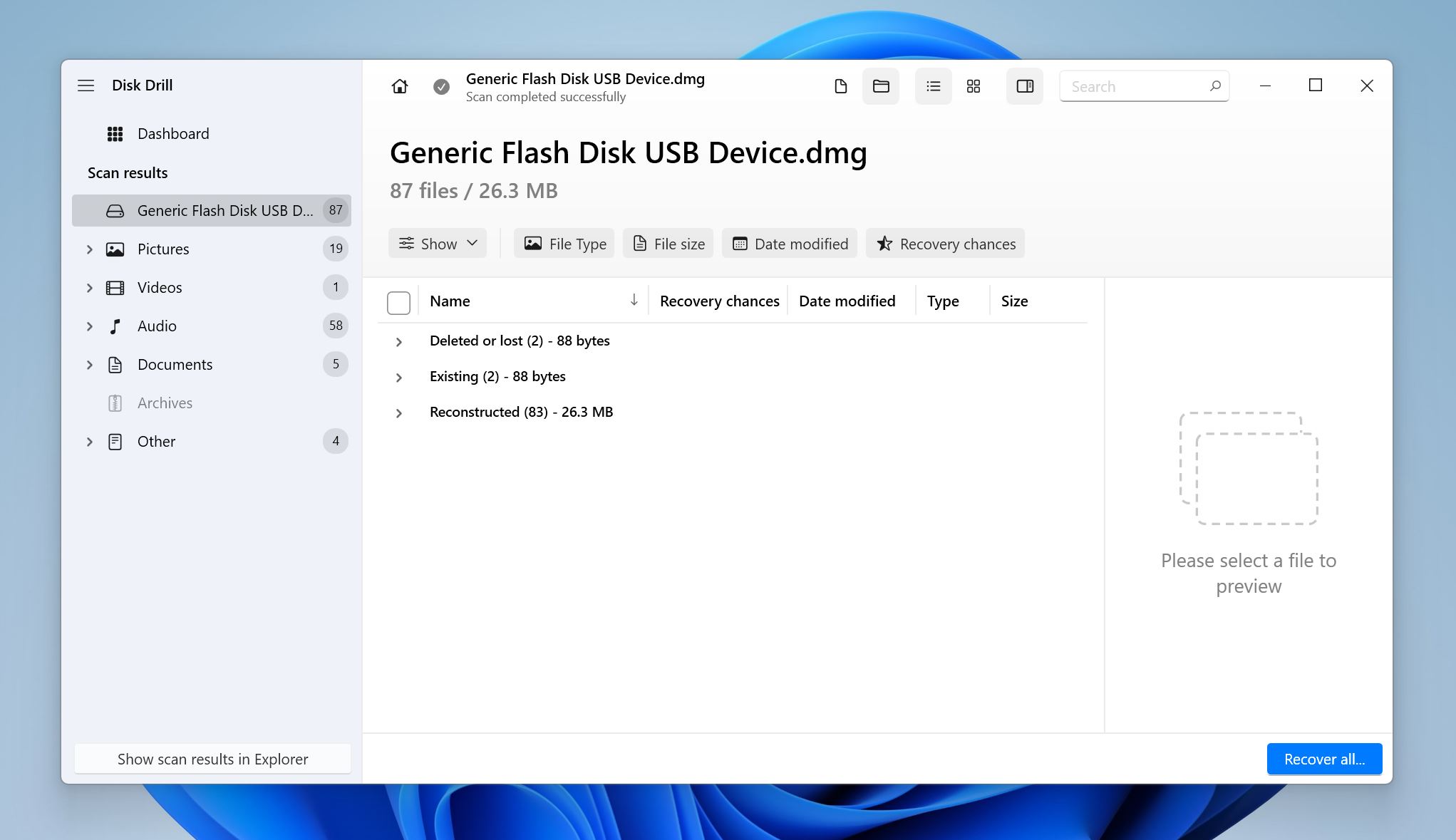 Data recovery sections in Disk Drill.