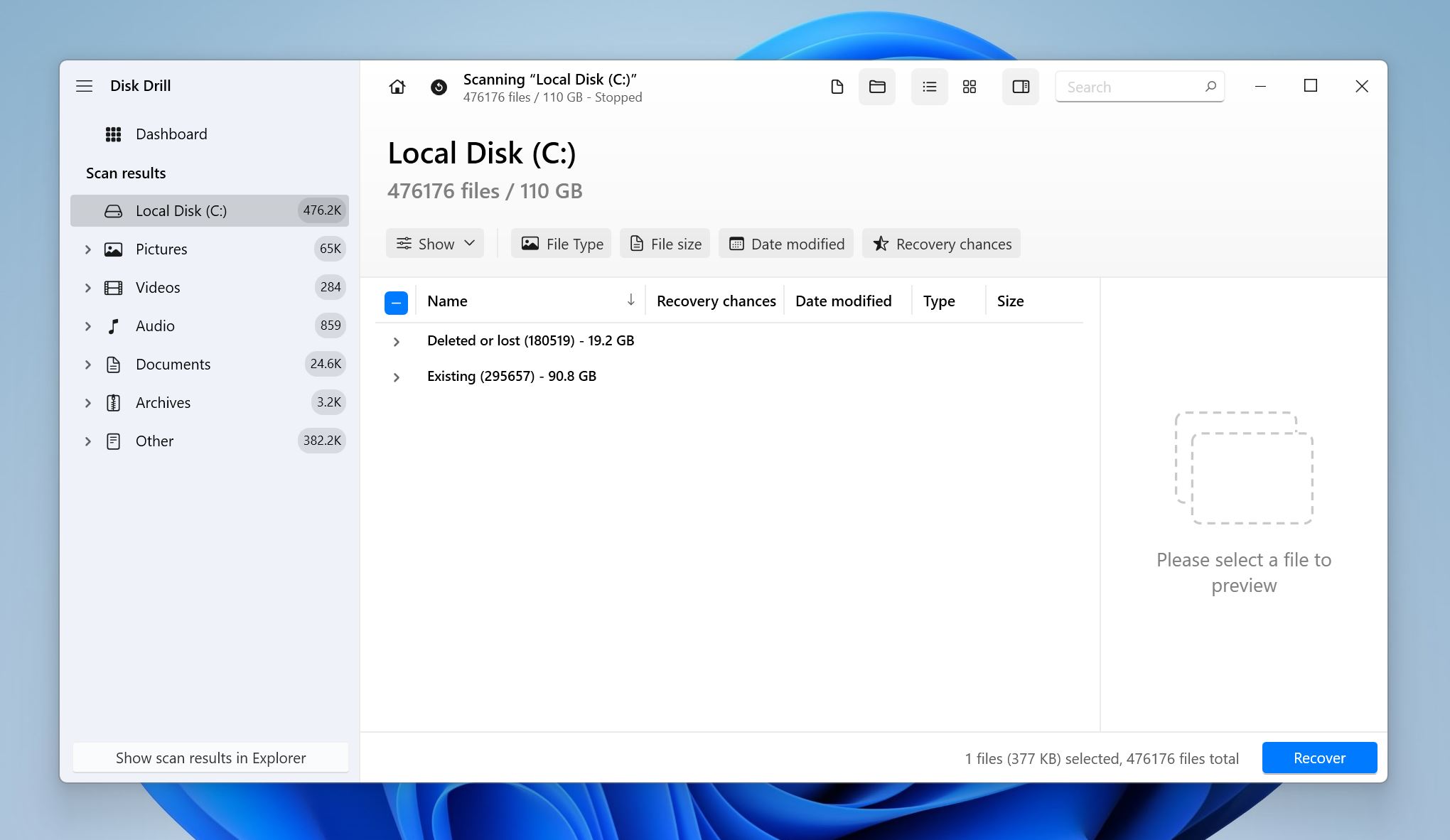 Data recovery sections in Disk Drill.