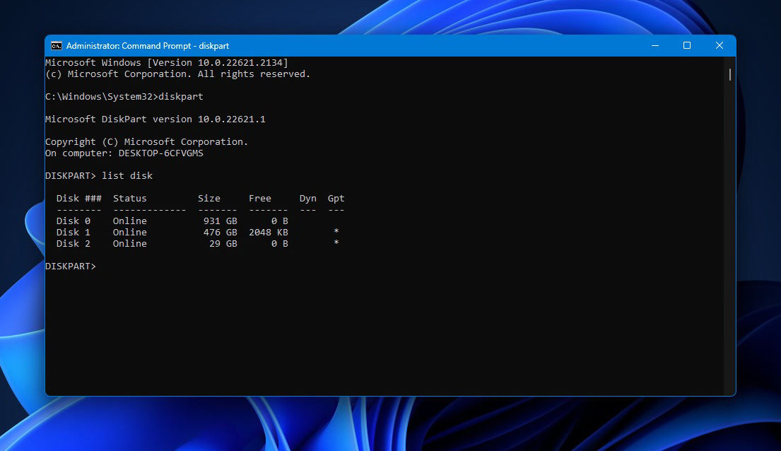 diskpart list disk