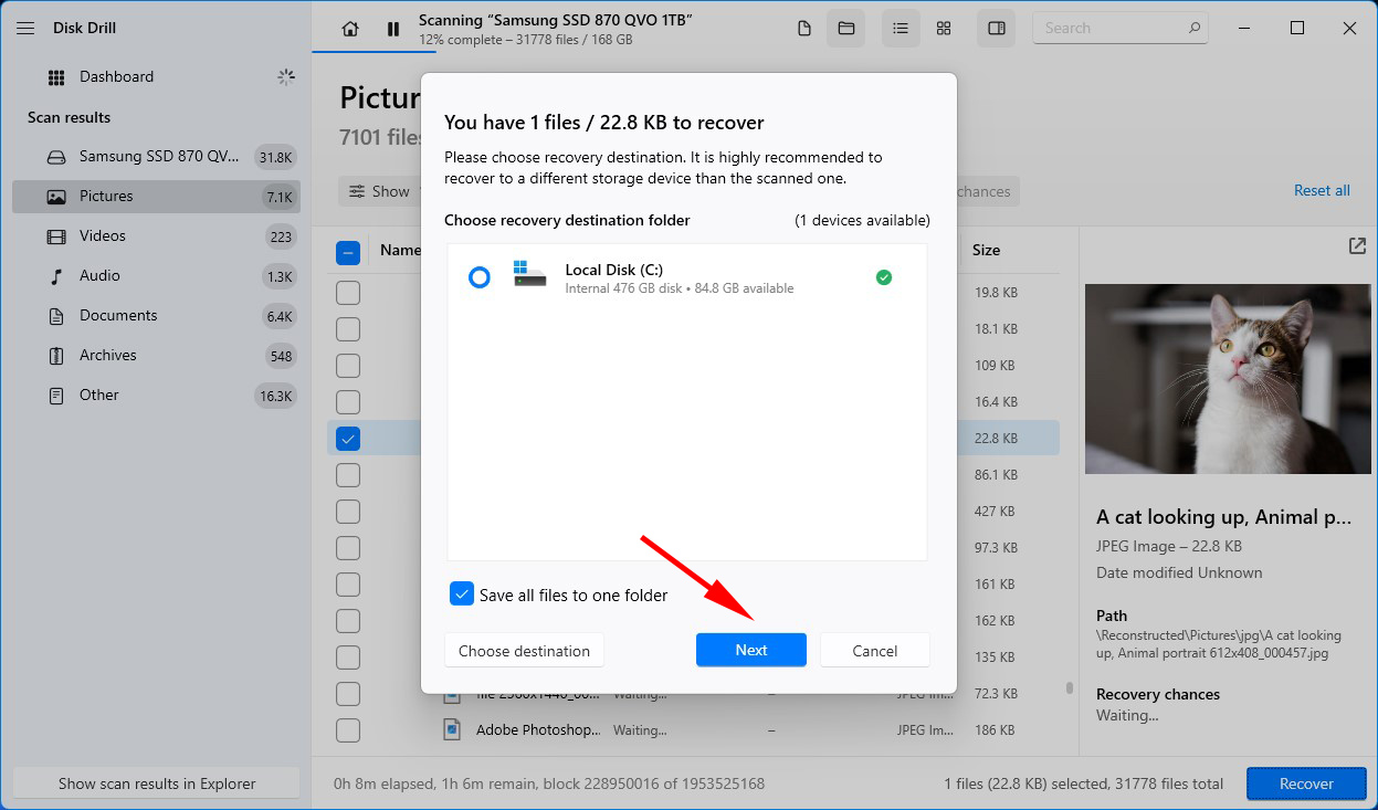 Completing file recovery with Disk Drill.