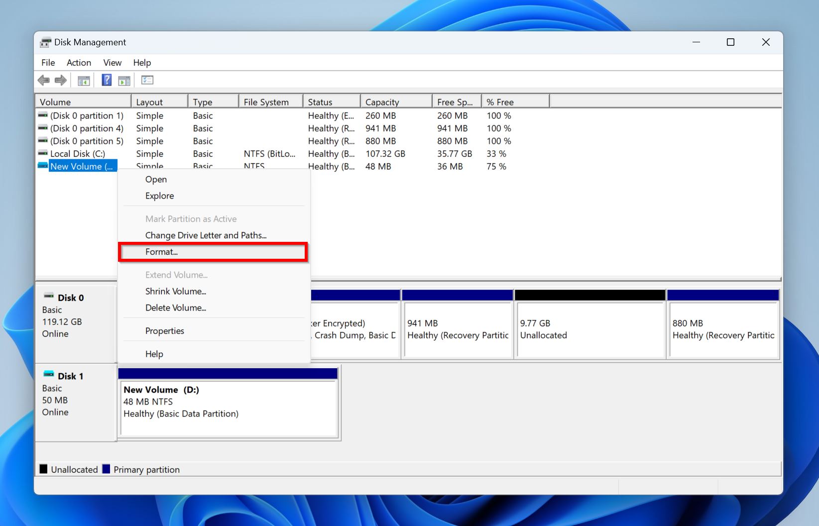 Format option in Disk Management.