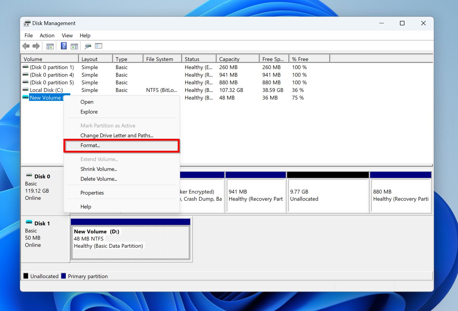 Format option in Disk Management.