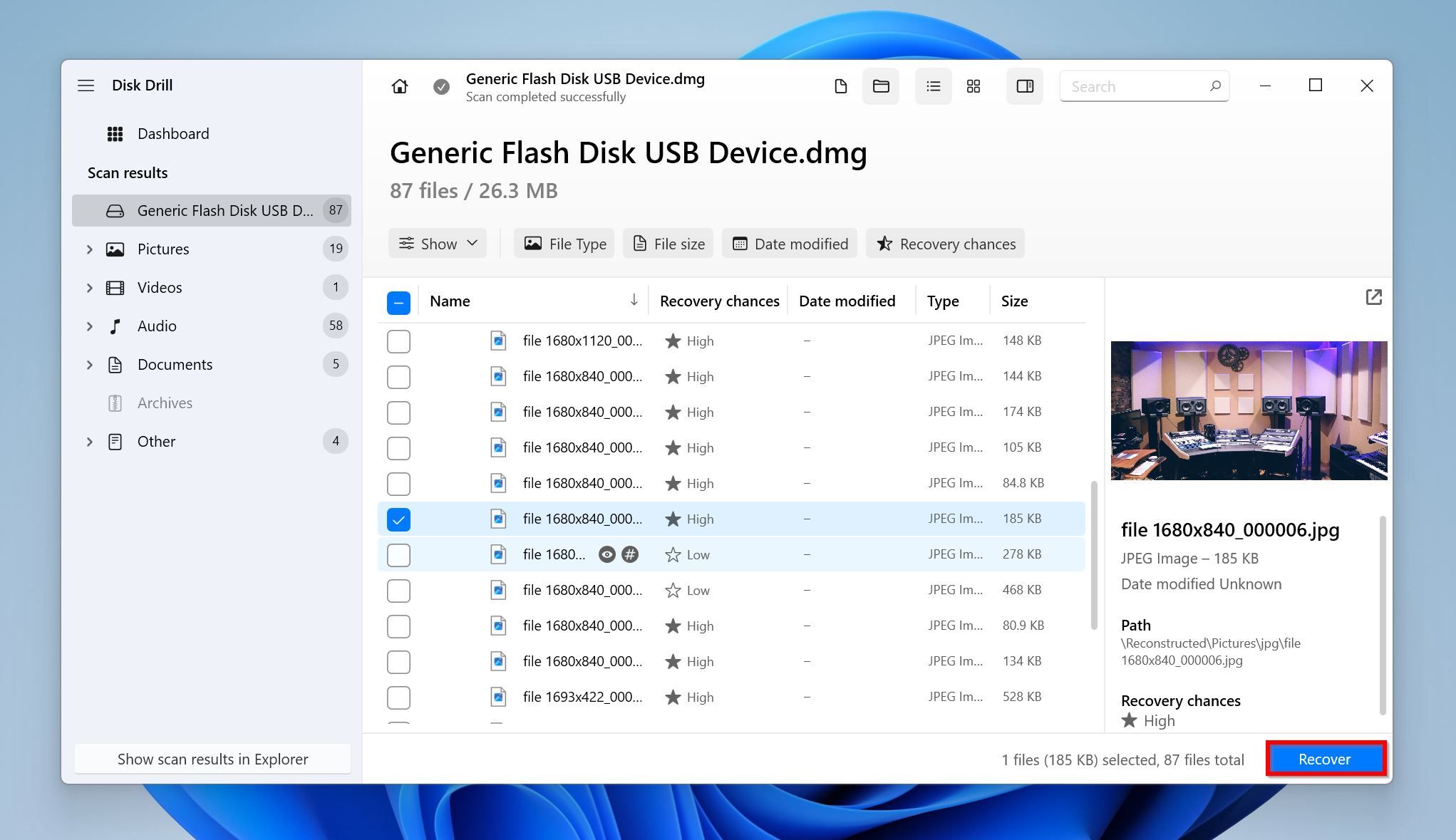 List of recoverable files in Disk Drill.