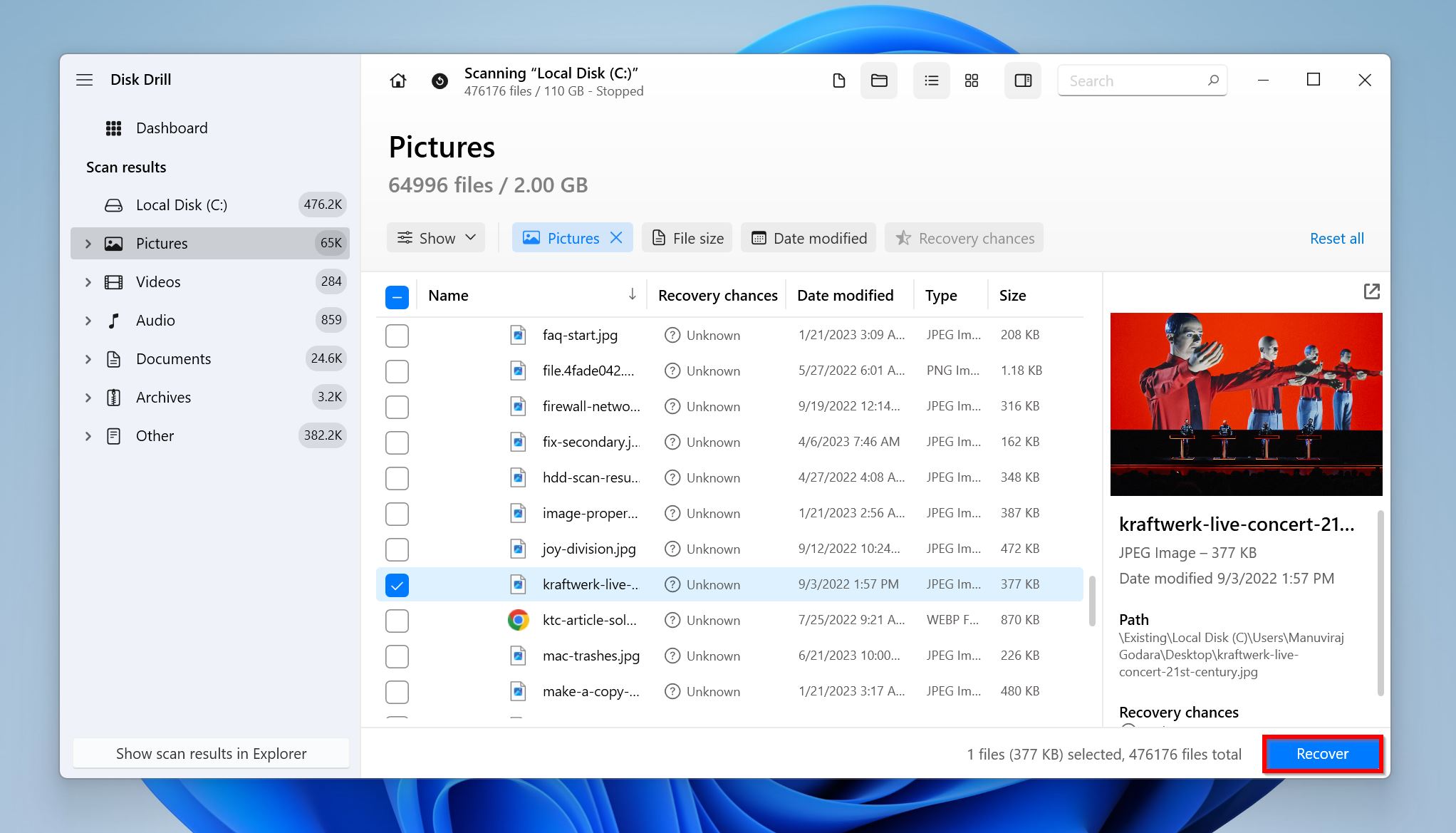 List of recoverable files in Disk Drill.