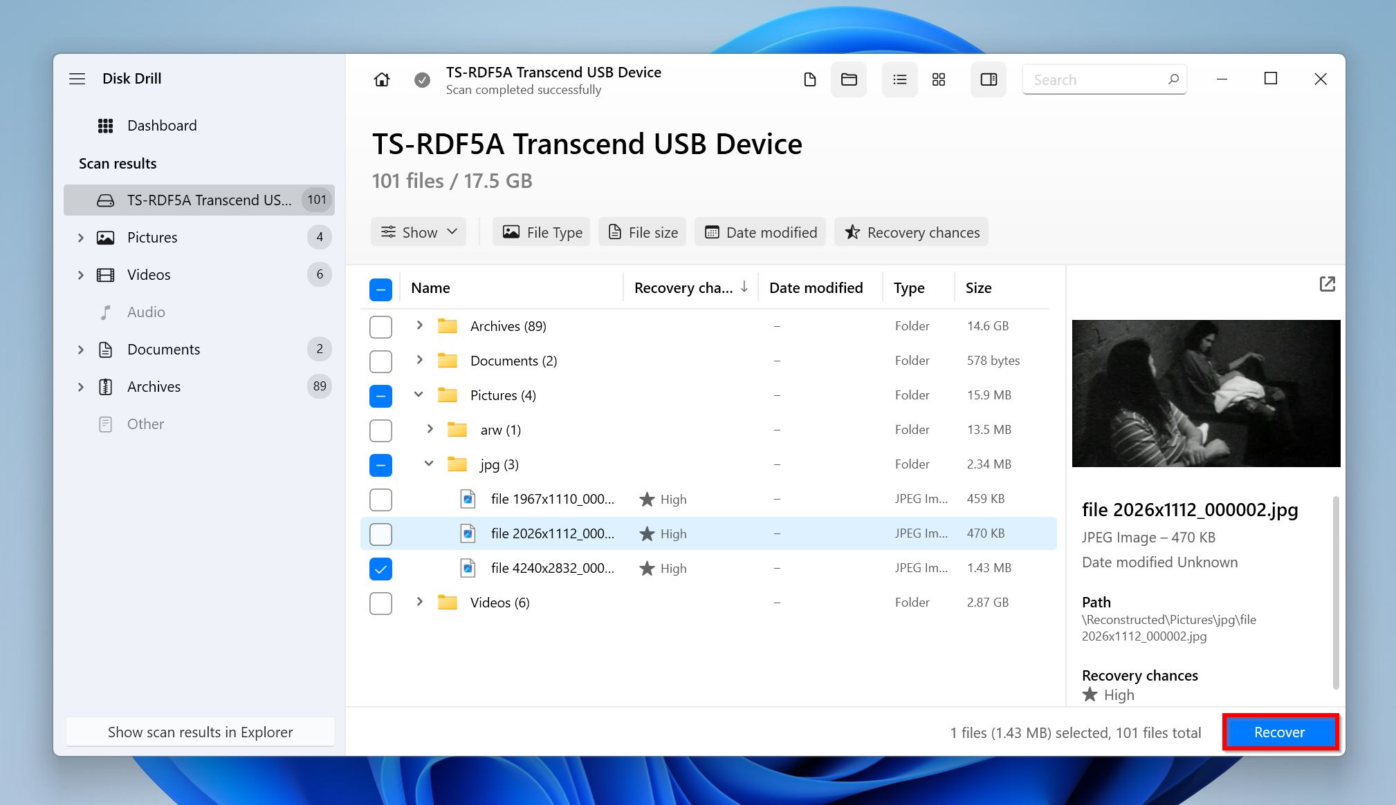 List of recoverable files in Disk Drill.