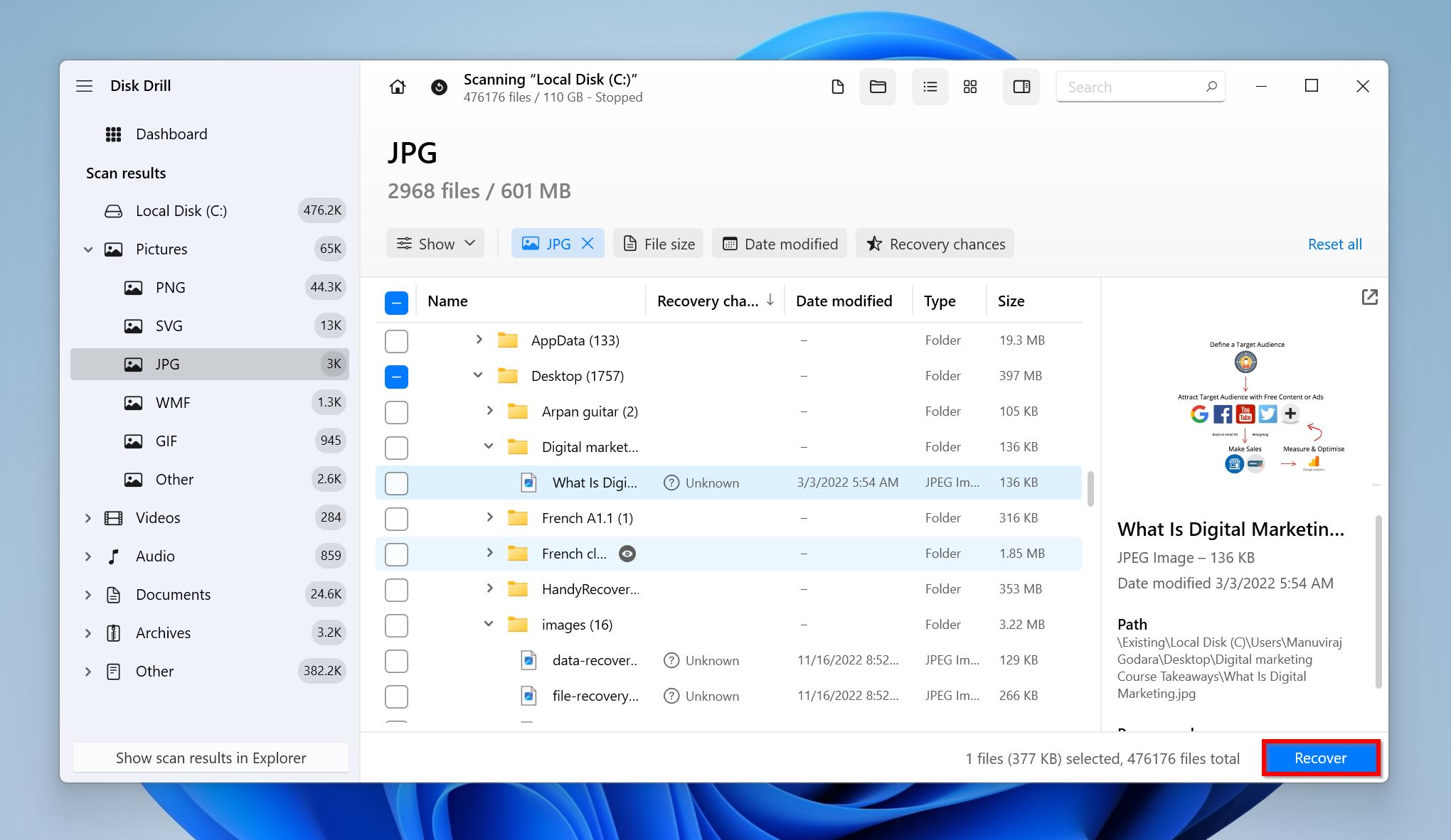 List of recoverable files in Disk Drill.