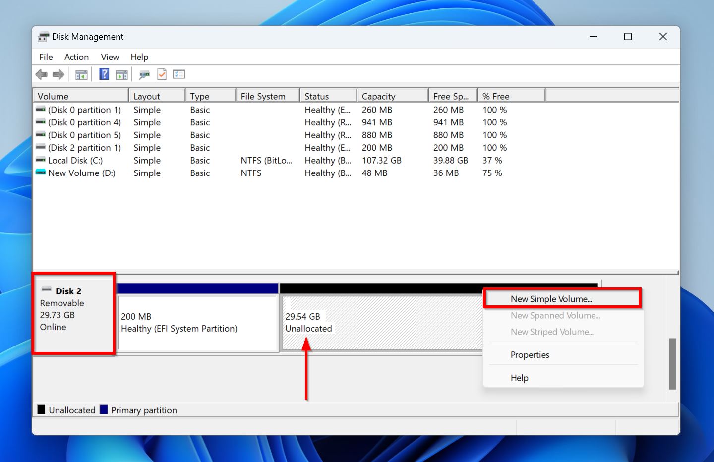 New simple volume option in Disk Management.