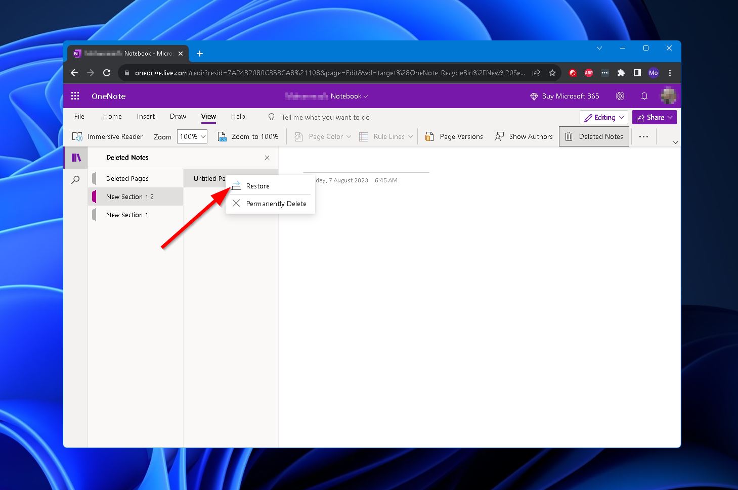 onedrive restore deleted note