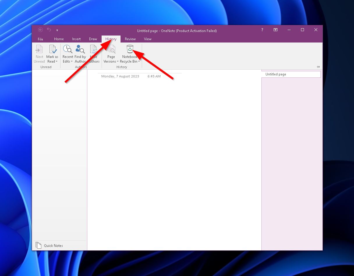 onenote history recycle bin