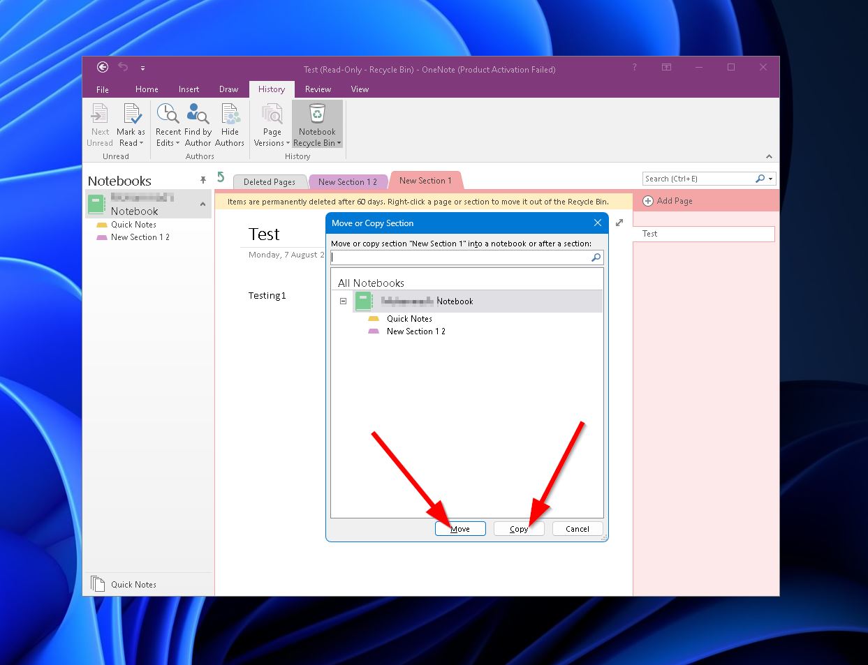 onenote move copy deleted