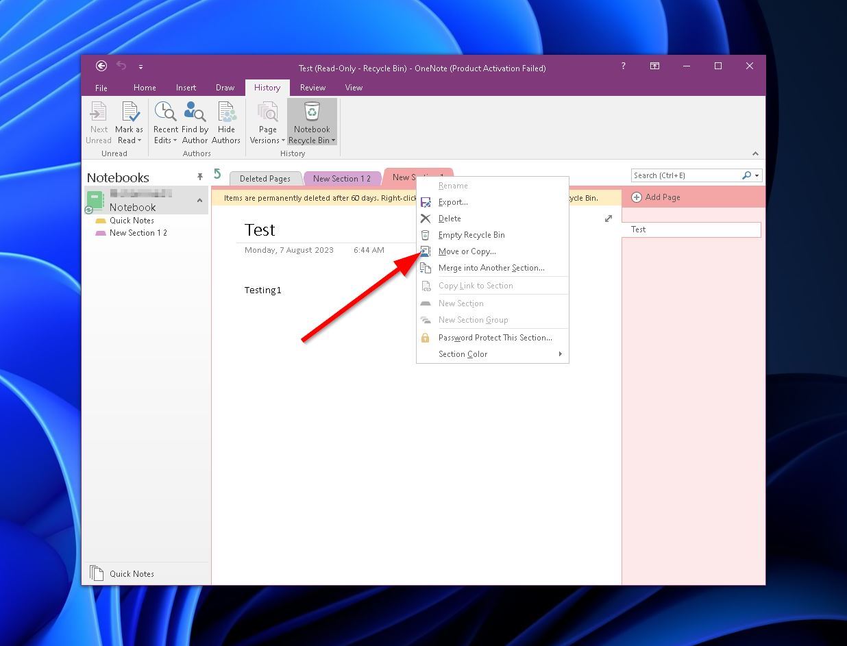 onenote move copy