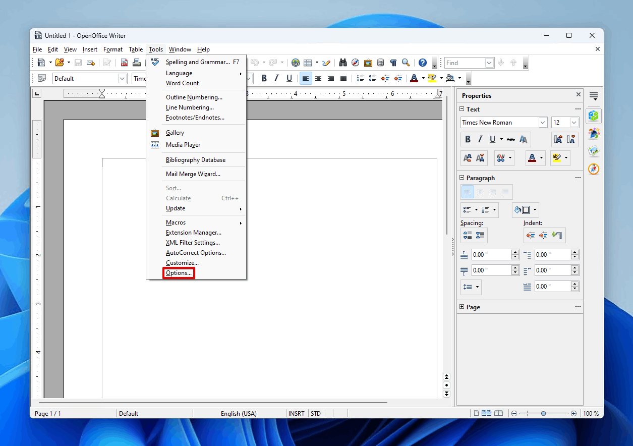 OpenOffice options.