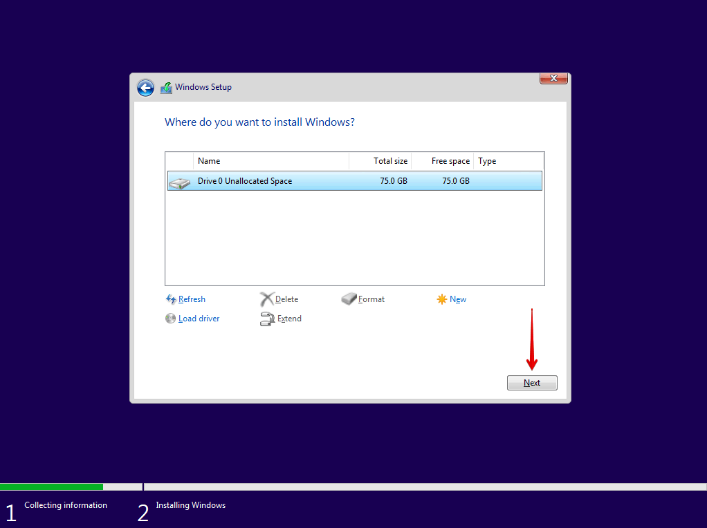 Selecting a partition.