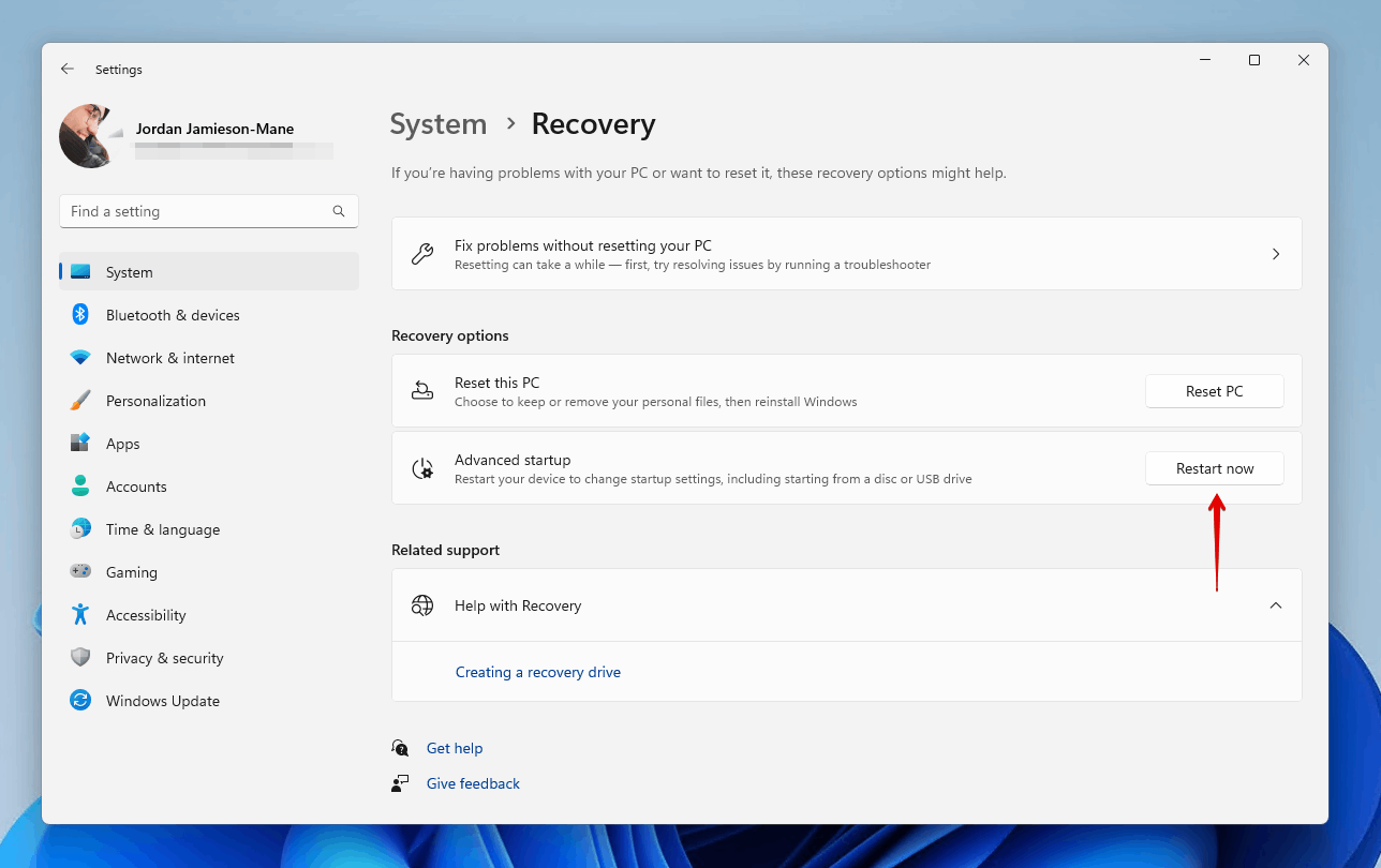 Choosing the advanced restart.