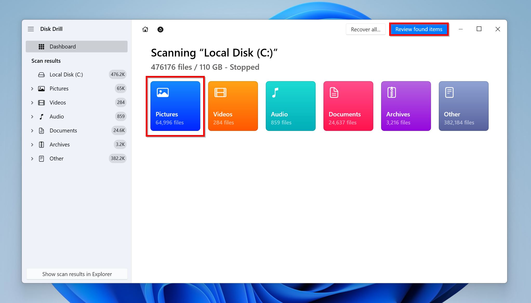 Review found items screen in Disk Drill.