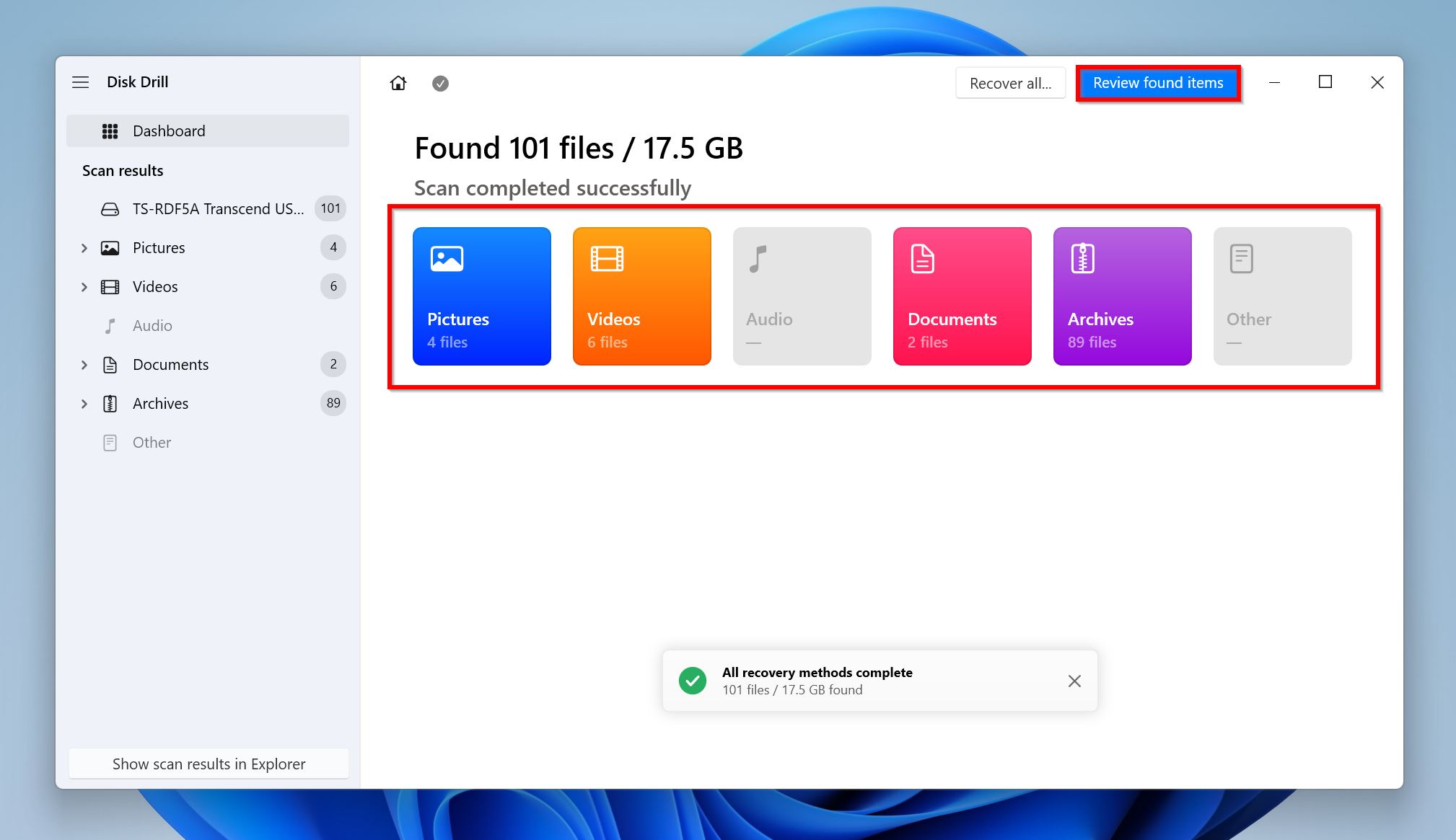 Review found items in Disk Drill.