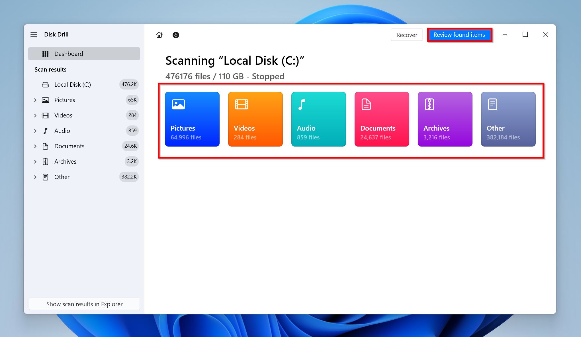 Review found items screen in Disk Drill.