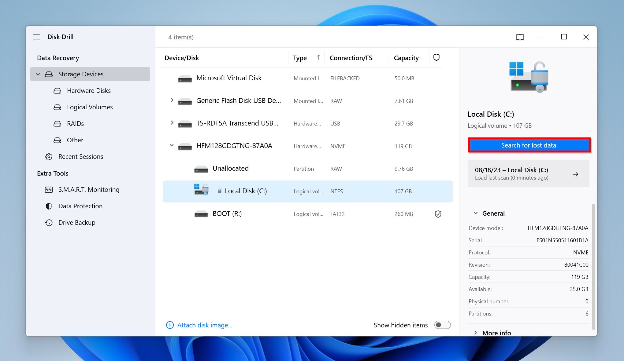 Storage device list in Disk Drill.