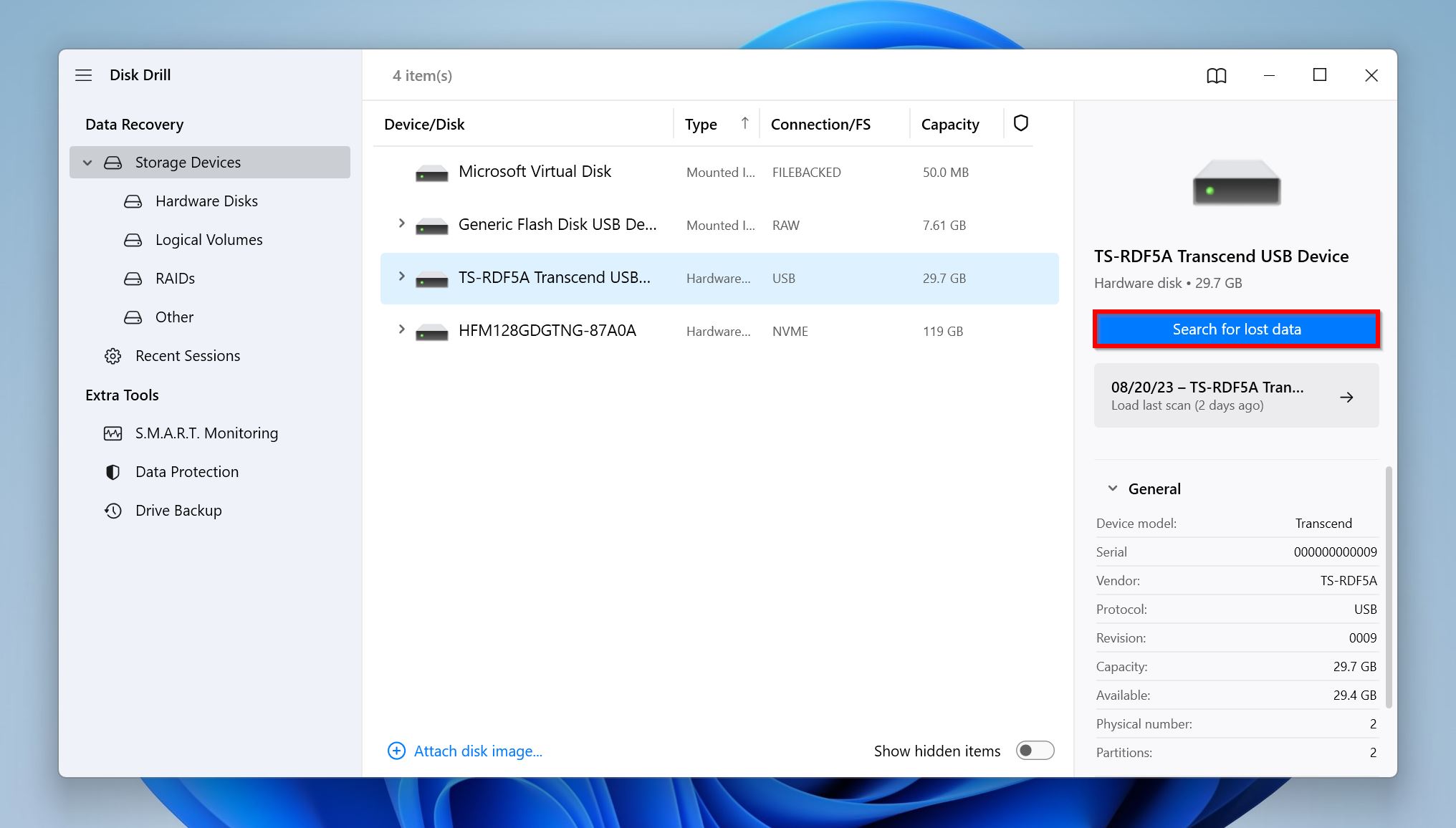 Storage devices screen in Disk Drill.