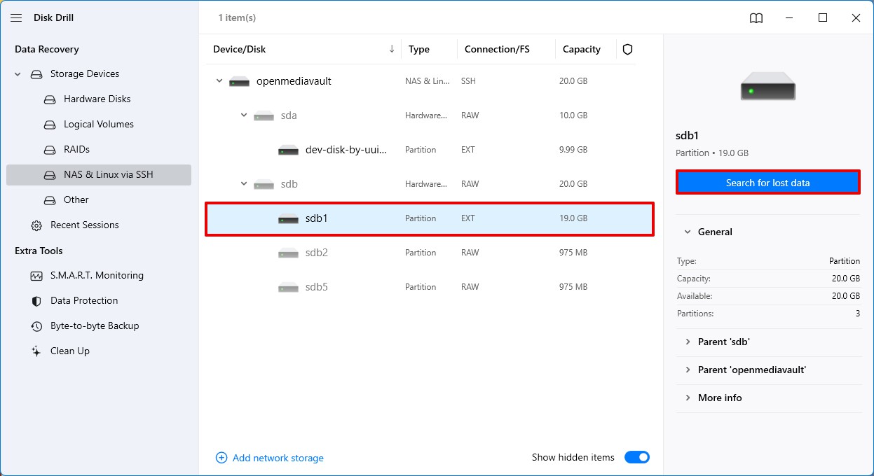 Select the hard drive of the NAS that you want to scan