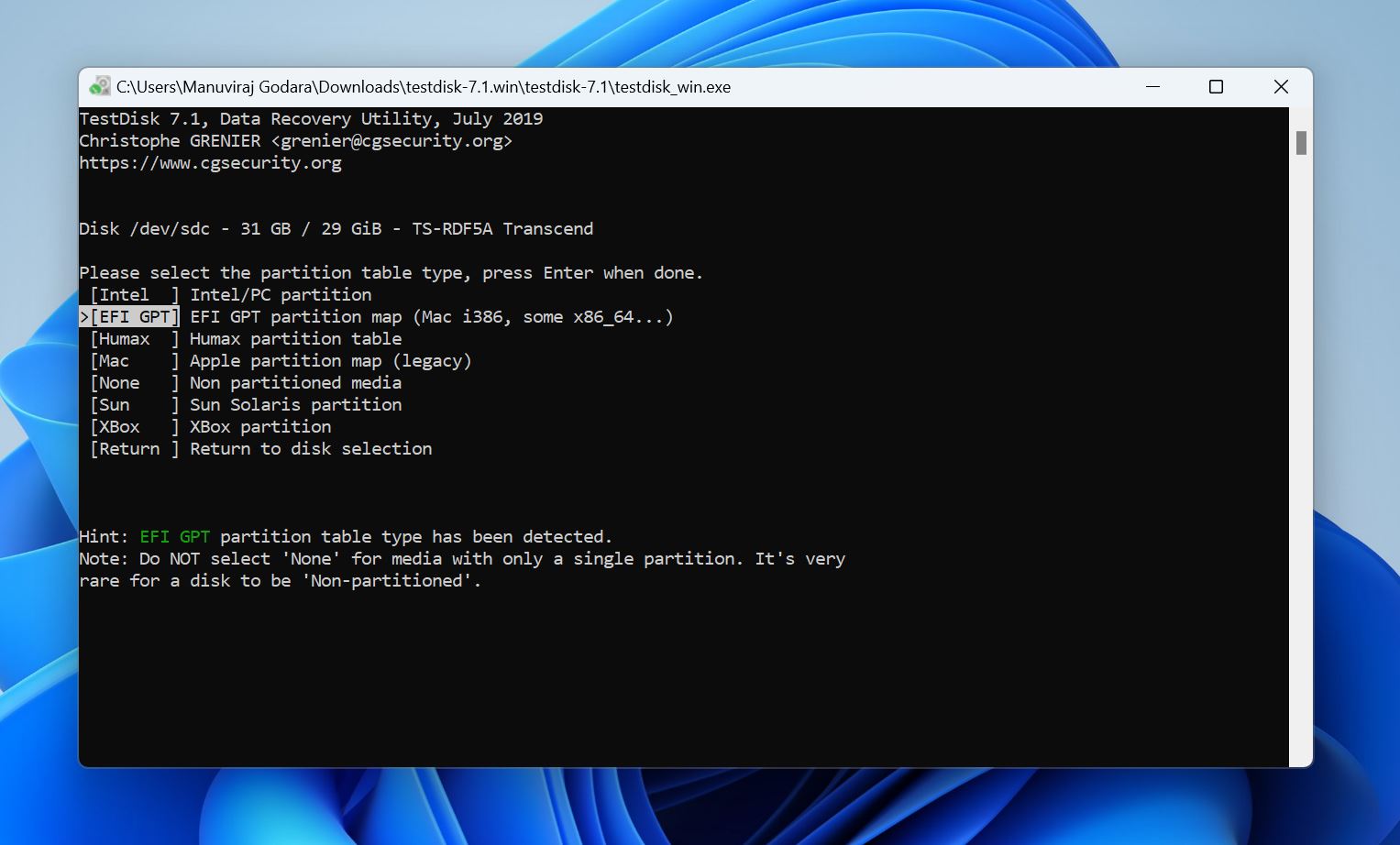 Select partition table in TestDisk.