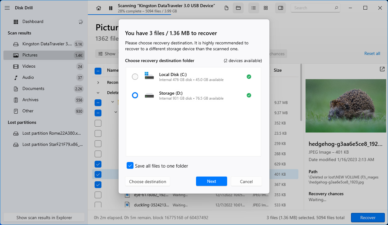 choose where to store the recovered files