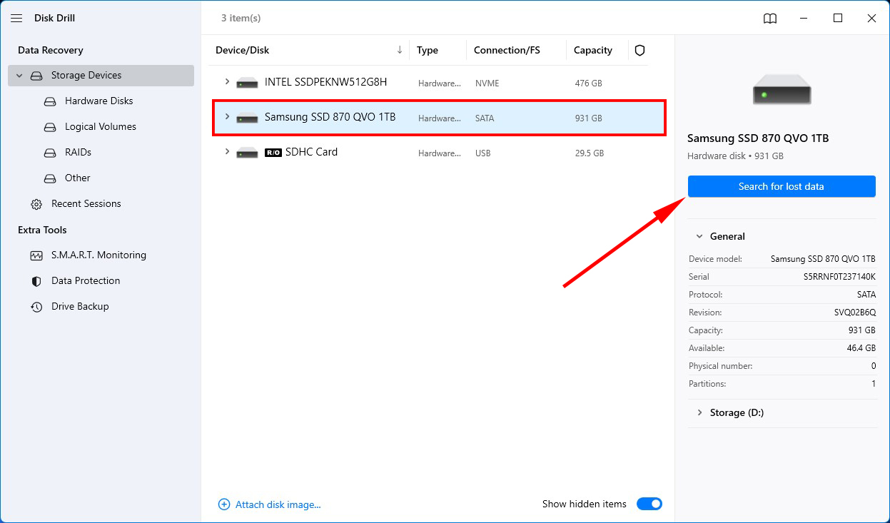 Selecting the Samsung SSD to scan.