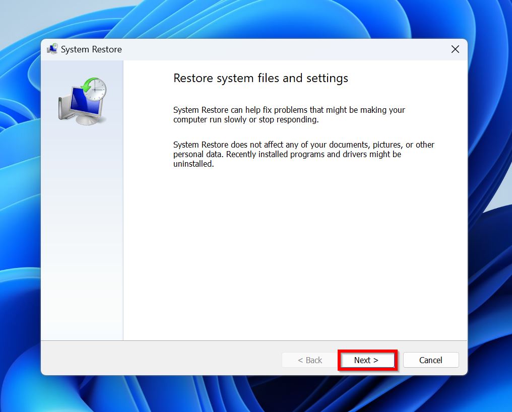 System Restore welcome screen.