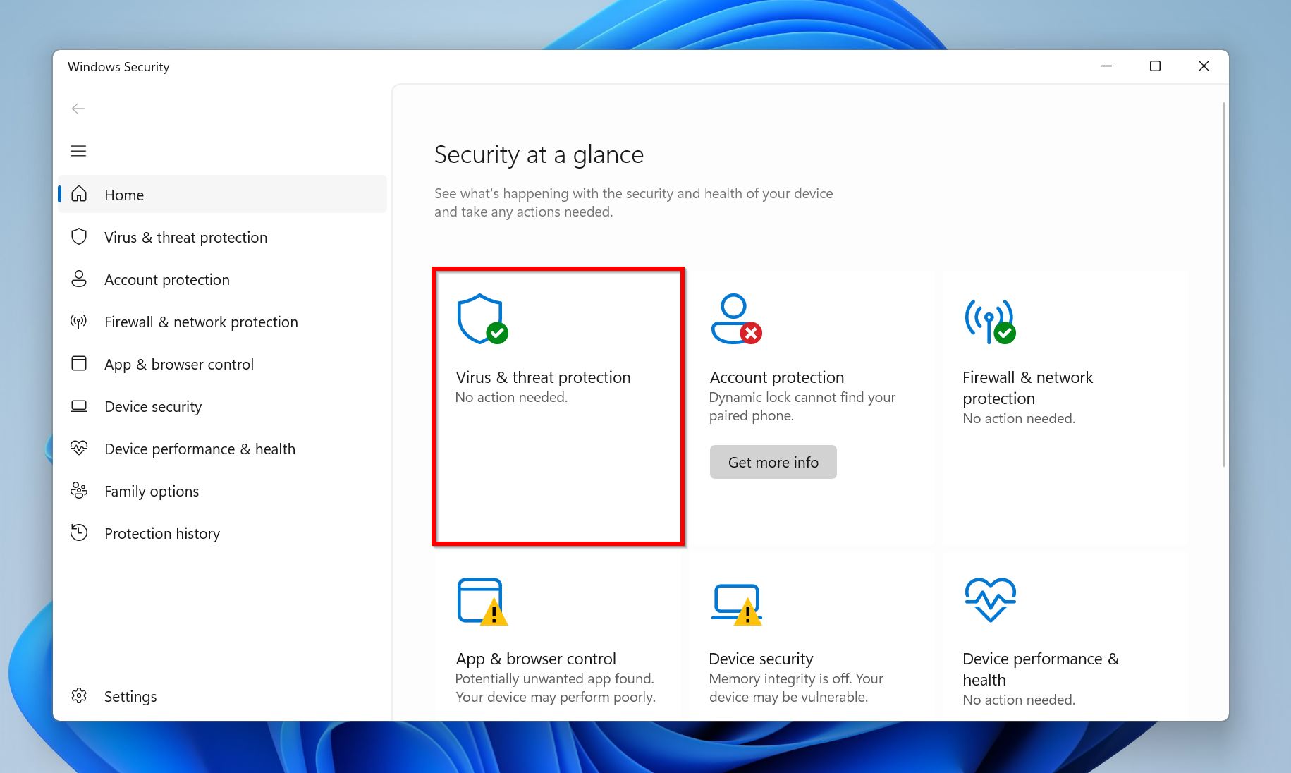 Virus and threat protection option.