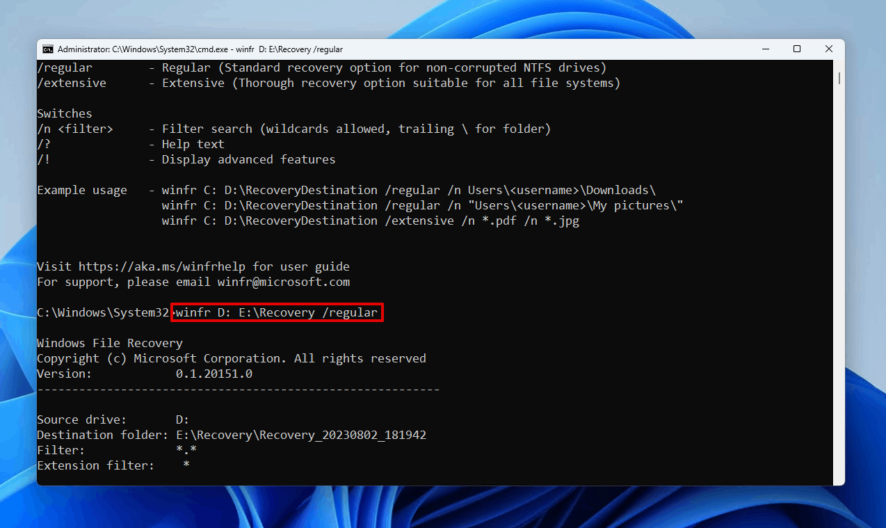 Running the Windows File Recovery command.