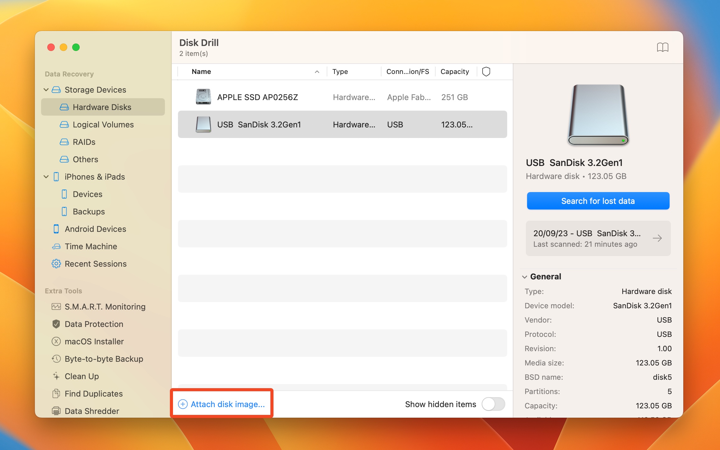 Attach disk image option in Disk Drill.