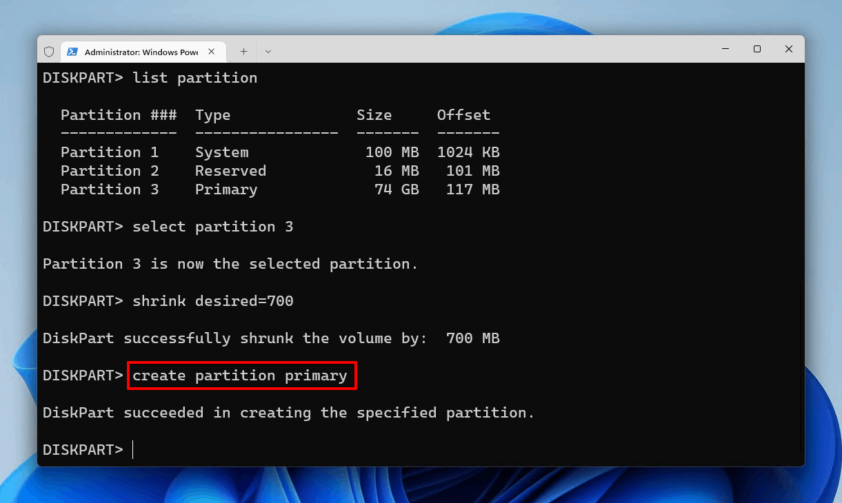 Creating a primary partition.