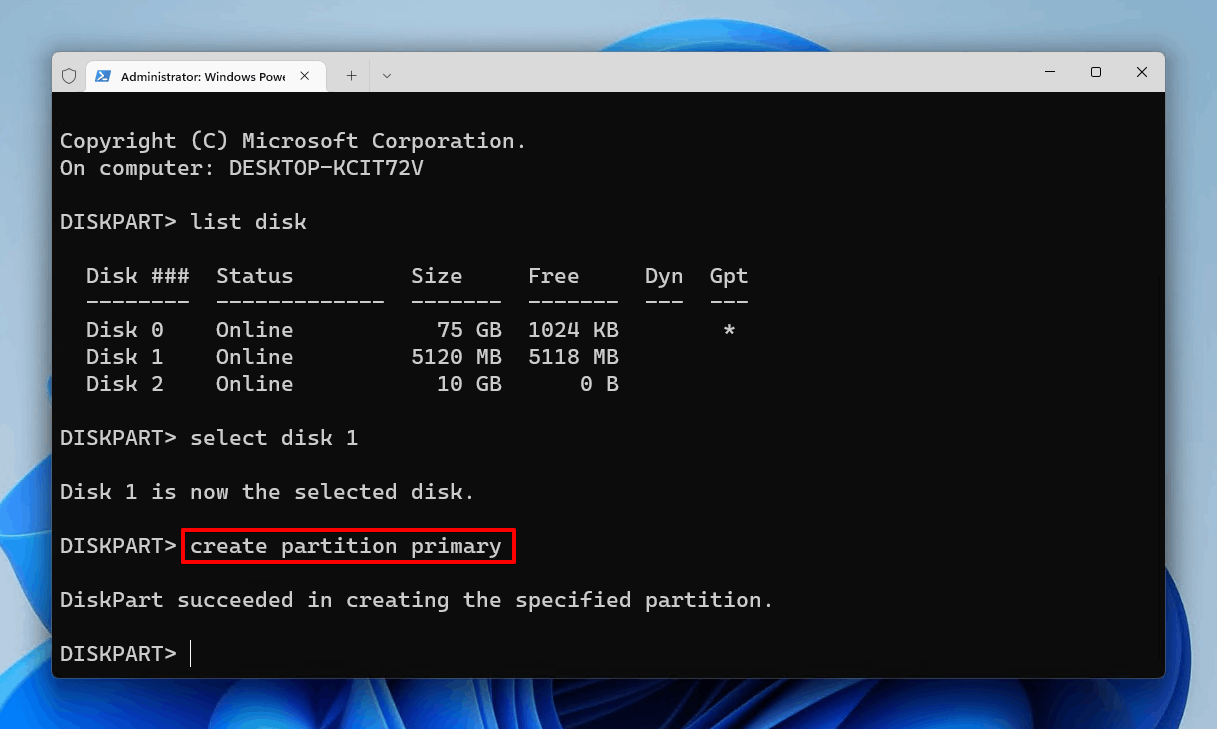 Creating a primary partition.