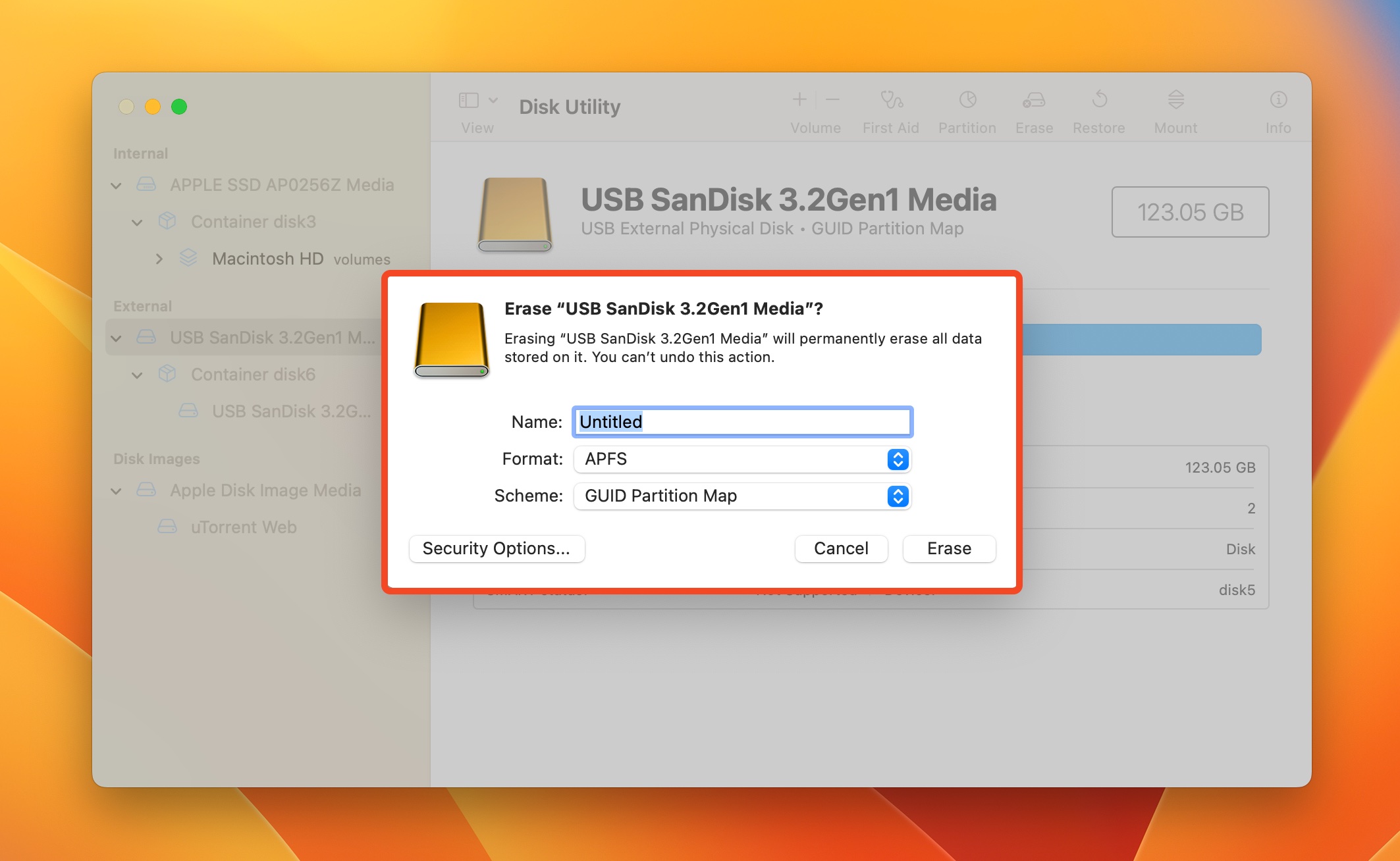 Erase parameters in Disk Utility.