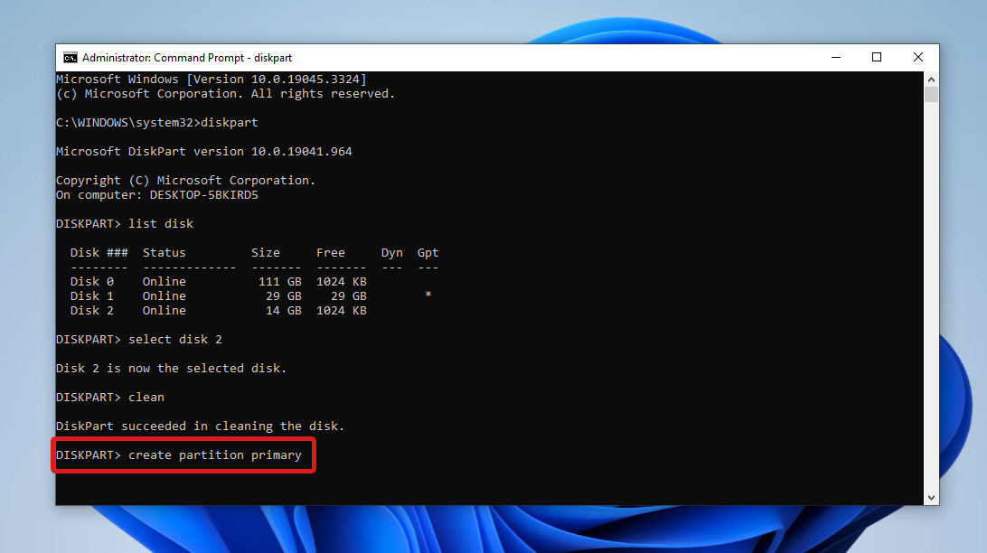 create partition primary