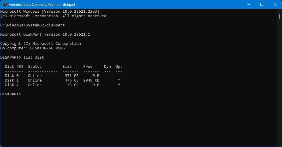 list disks in diskpart