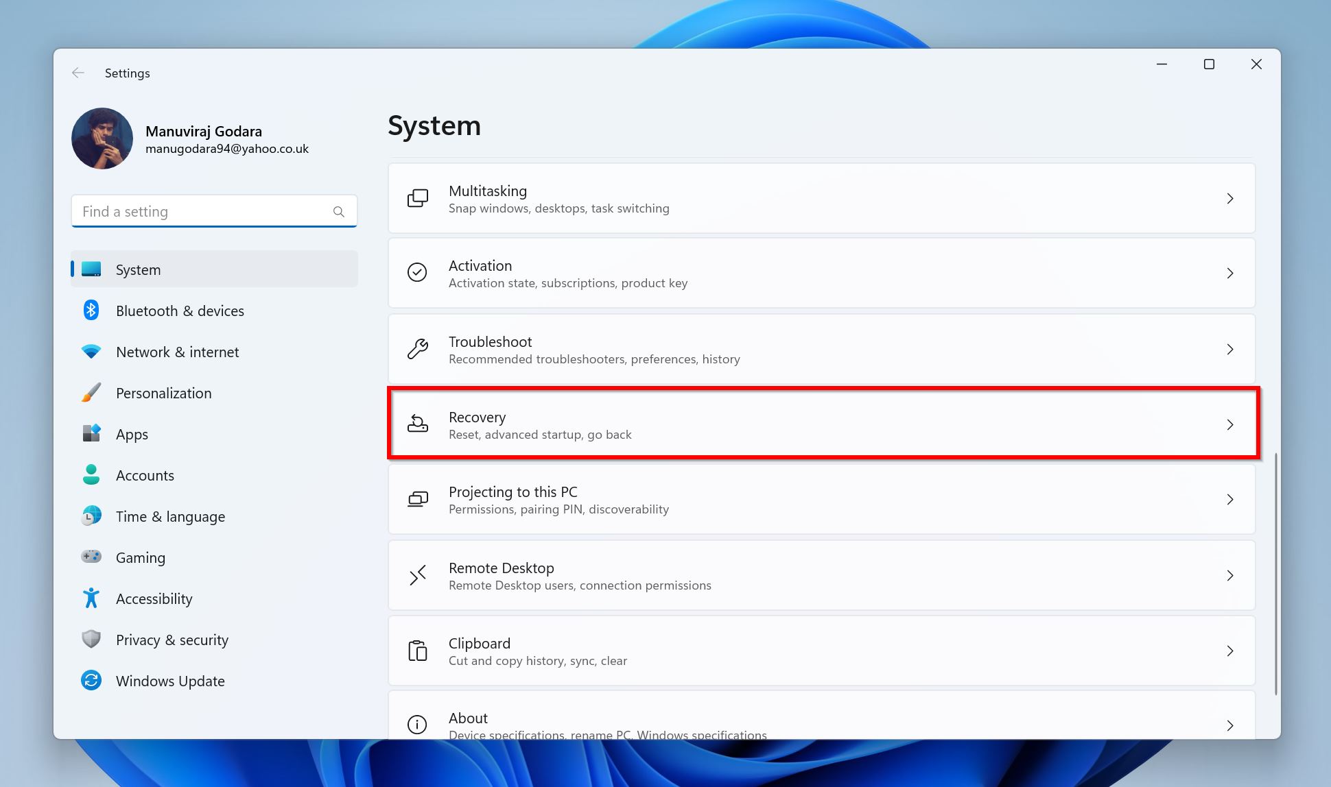 Recovery option System Settings.