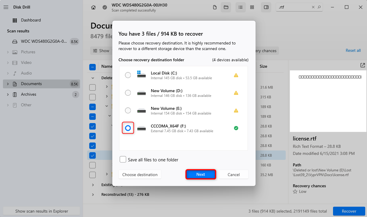 Selecting the location to restore the file.