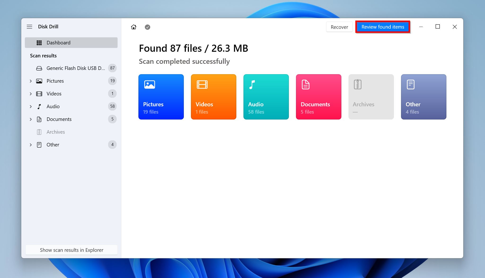 Review found items screen in Disk Drill.