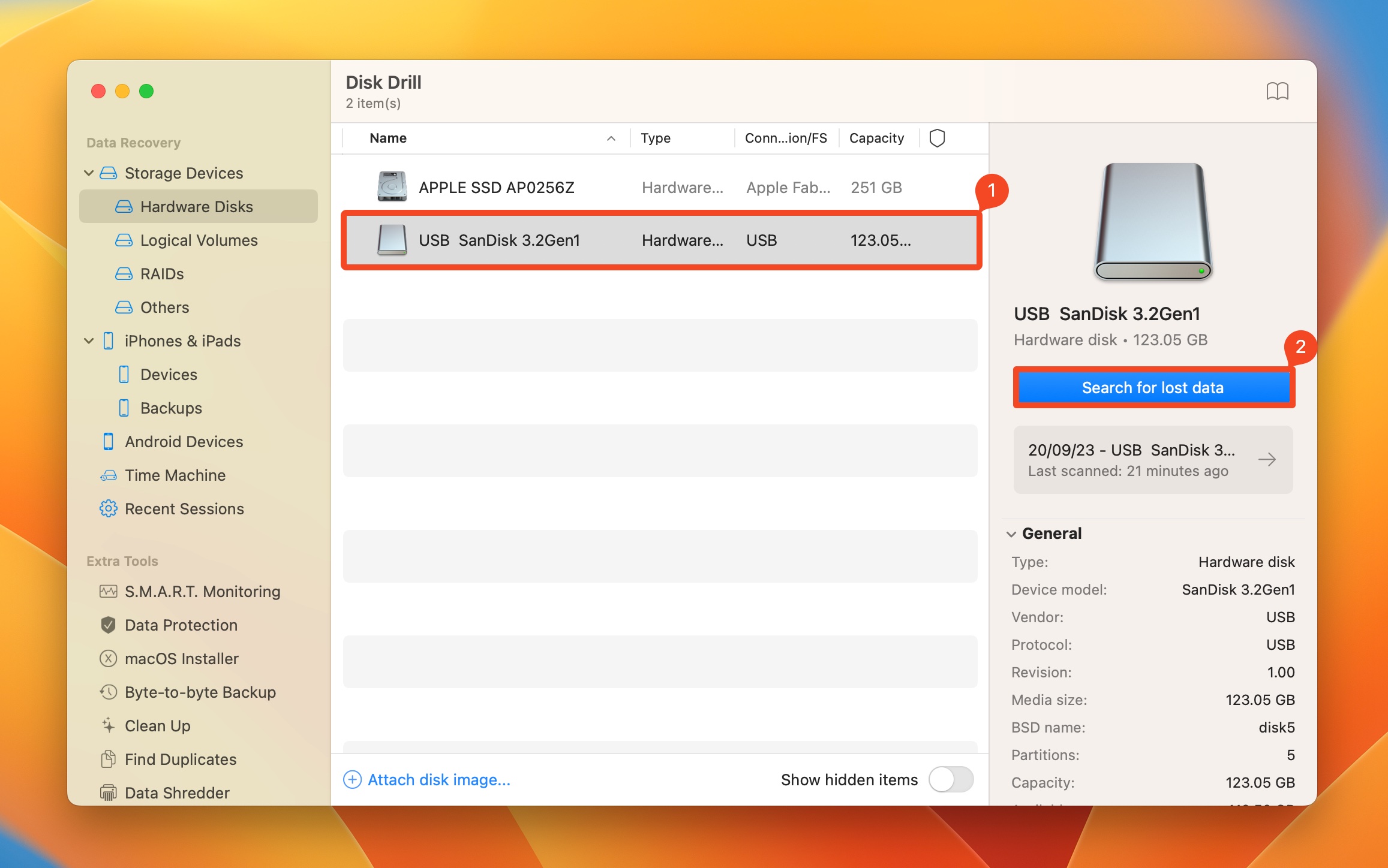 Search for lost data in Disk Drill.