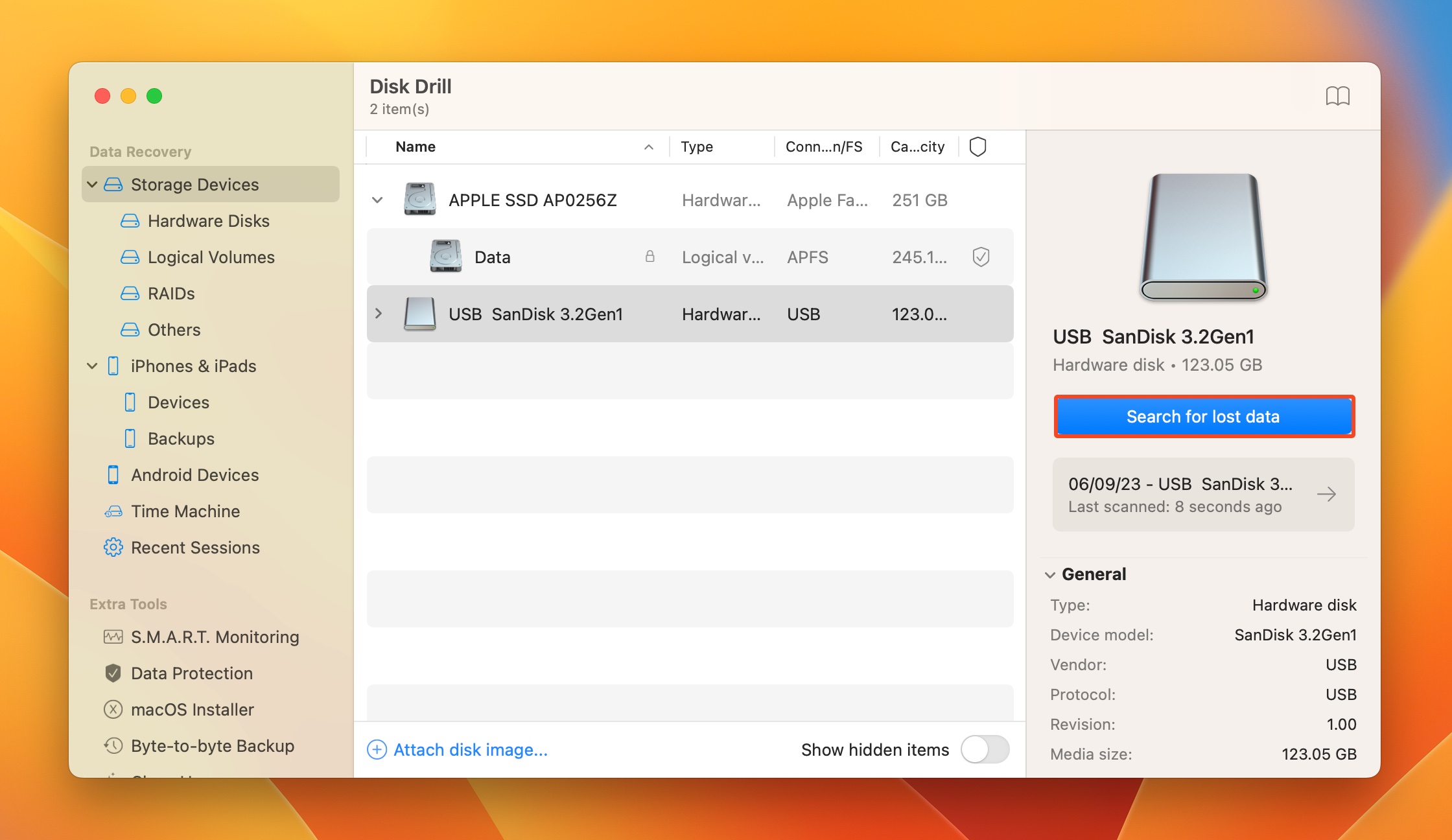 Search for lost data in Disk Drill.