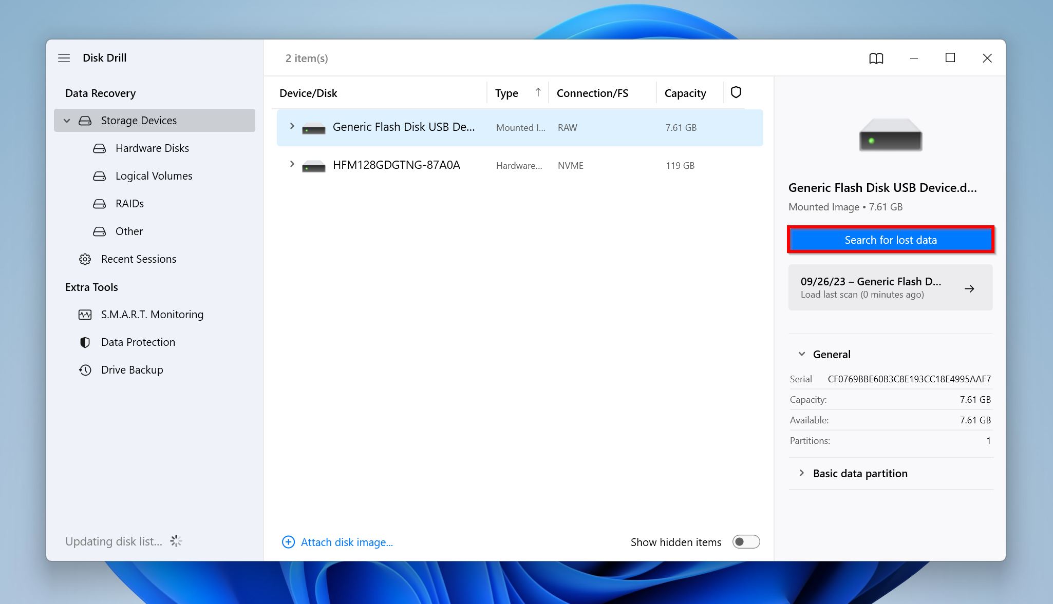 List of storage drives in Disk Drill.