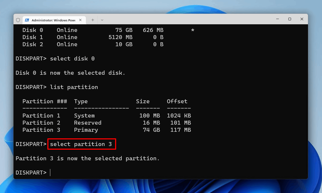 Selecting the partition.