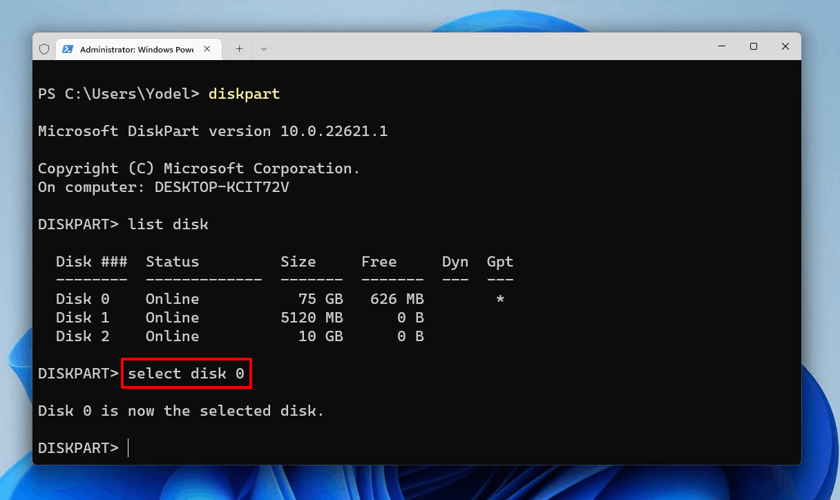 Selecting the system disk.