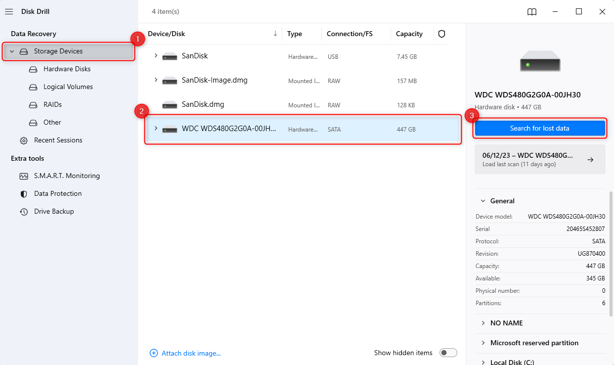 Démarrage d'un scan avec Disk Drill.