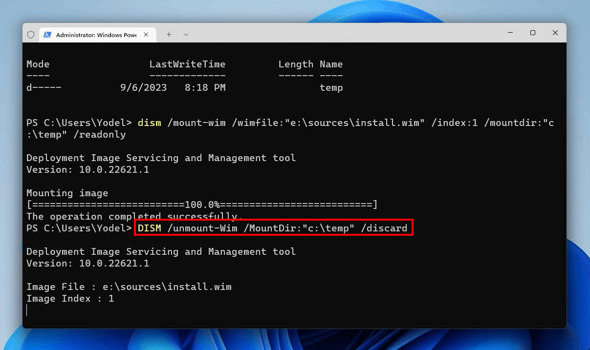 Unmounting the wim file.