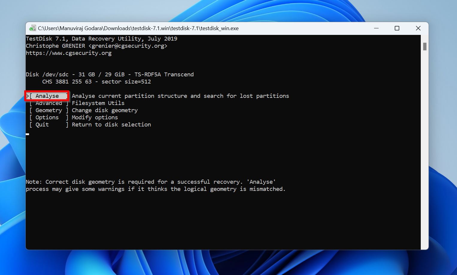 Analyseeroptie in TestDisk.