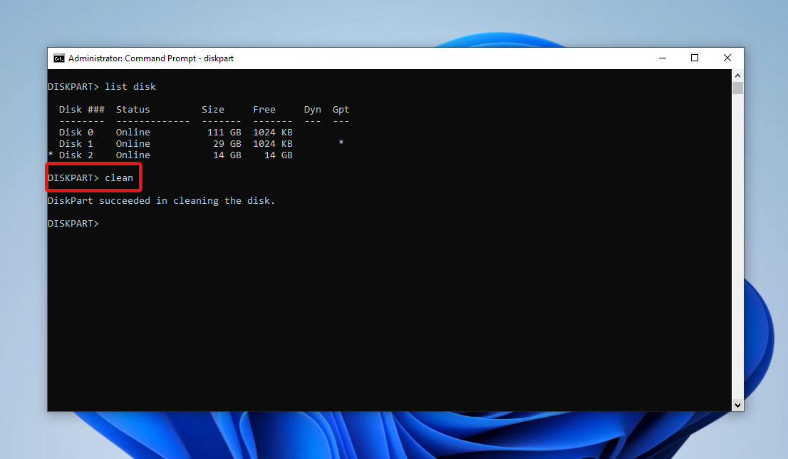 diskpart clean