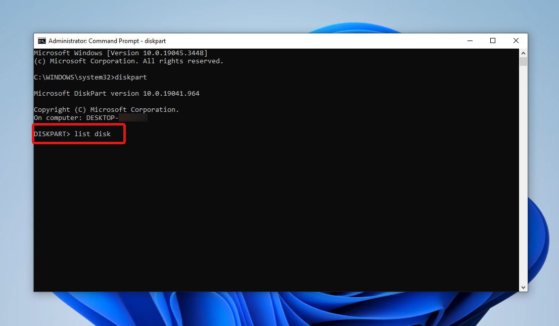 diskpart list disk